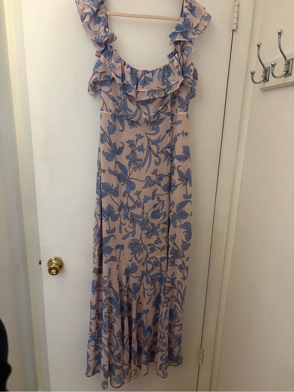 Lulu's Blush Maxi Dress with Blue Floral Print and Ruffle Neckline